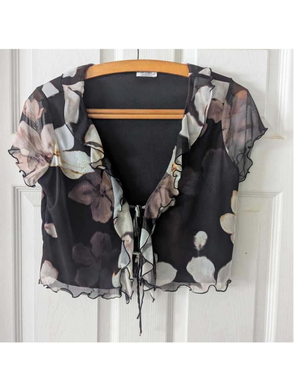 Ardene Black Floral Y2K Sheer Blouse Ruffle Tie Front - Picture 3 of 10